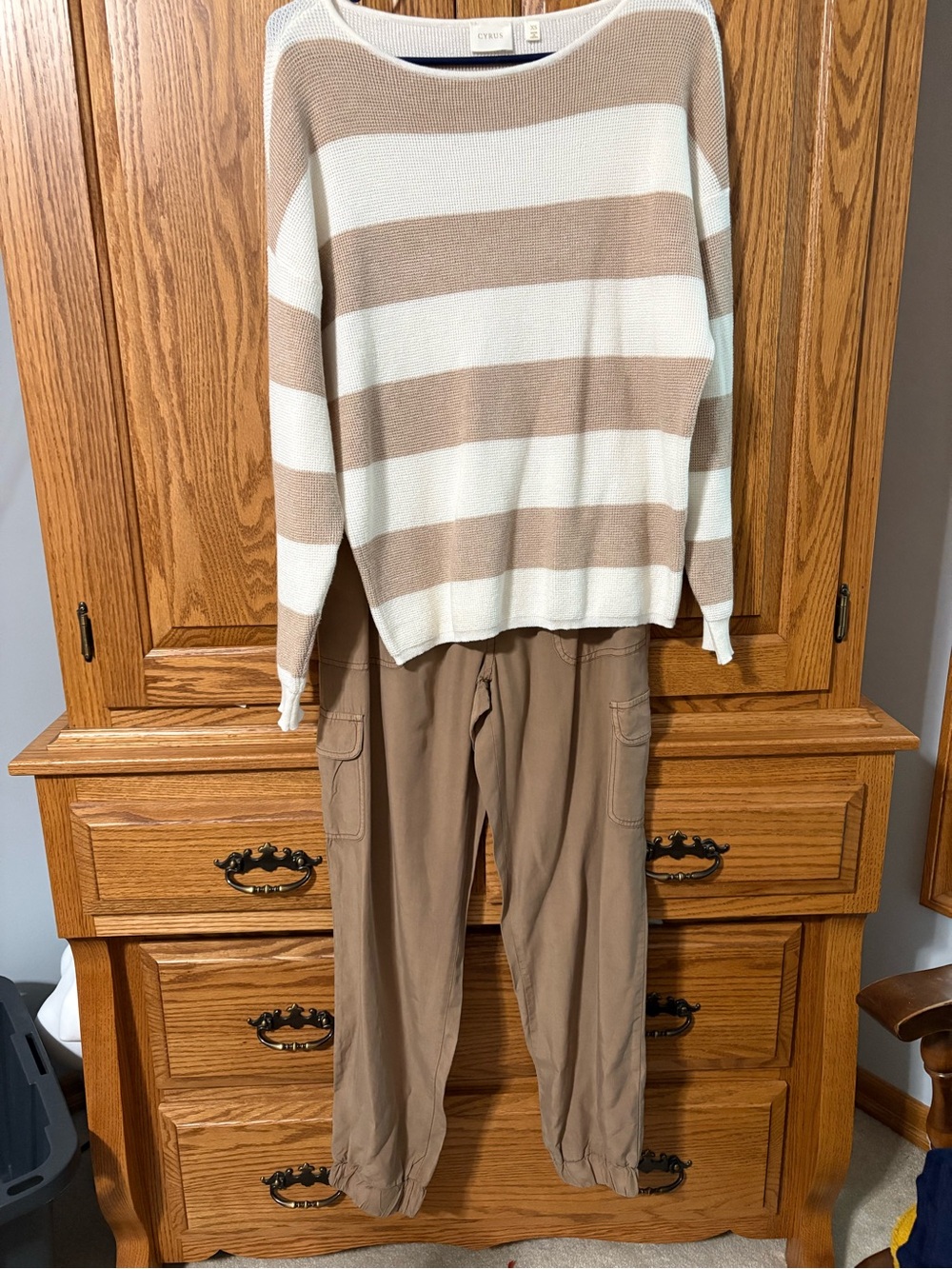Cyrus Beige and Cream Striped Crewneck Sweater and Beige Thread & Supply Pants